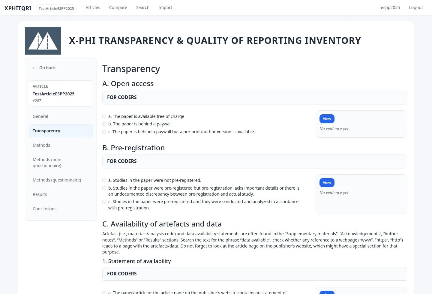 Logged-in view of the X-PHI Transparency and Quality of Reporting Inventory showing the example paper and the transparency section.